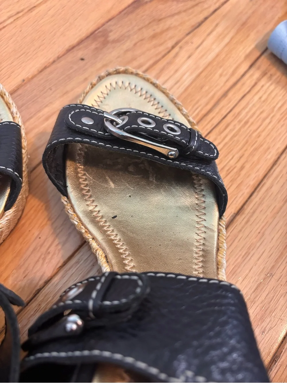 ANTONIO MELANI Y2K Black Leather Double-Buckle Espadrille Wedges Size 8 Brazil